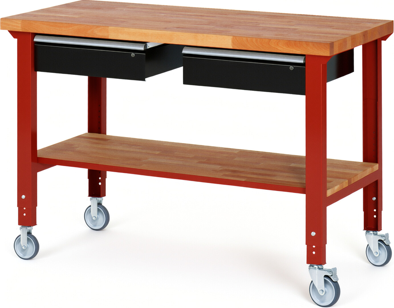 Fahrbare Werkbank Modell 7002 rot - schwarz, BxTxH 1500x700x950-1000 mm,  Buche-Massiv Arbeitsplatte 40 mm,  2 Schubladen mit  Auszug 90 %
