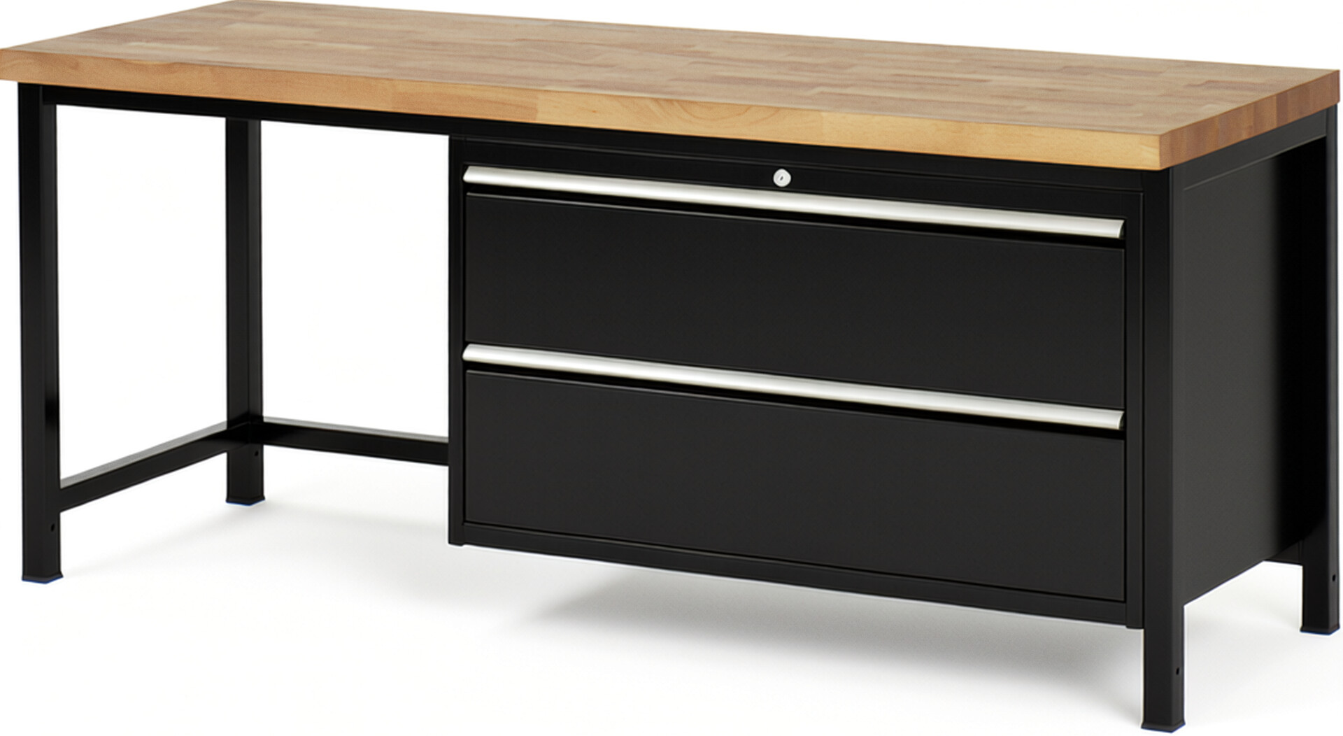 Werkbank Modell 8355 schwarz, BxTxH 2000x700x840-1040 mm,  Buche-Massiv Arbeitsplatte 40 mm,  2 Schubladen mit  Vollauszug 100 % und  SoftClosing