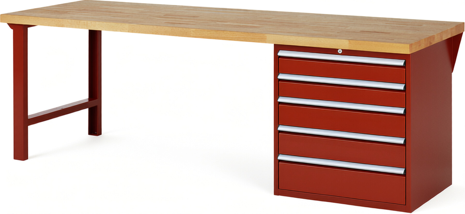 RAU Werkbank rot - Breite 250 cm - Tiefe 90 cm - Höhe 89 cm - Buche-Massiv Arbeitsplatte 40 mm