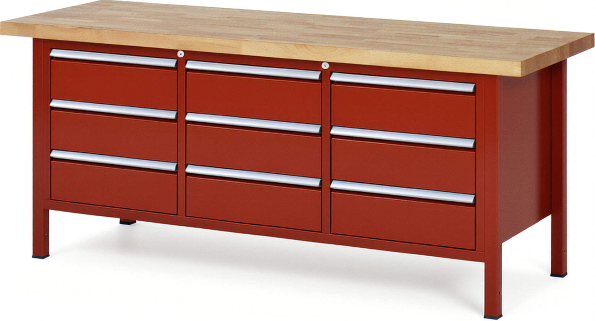 Werkbank Modell 8574 rot, BxTxH 2000x700x840-1040 mm,  Buche-Massiv Arbeitsplatte 40 mm,  9 Schubladen mit  Vollauszug 100 % und  SoftClosing