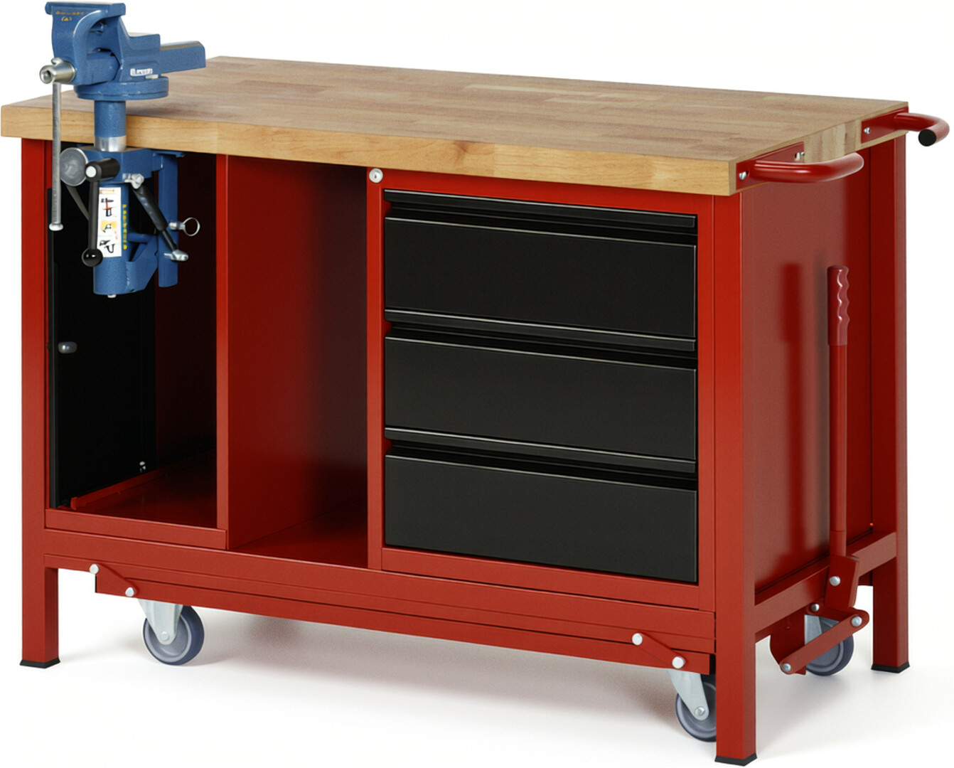 Absenkbare Werkbank - Modell 8183 BASIC rot - schwarz, BxTxH 1250x700x880 mm,  Buche-Massiv Arbeitsplatte 40 mm,  3 Schubladen mit  Auszug 90 %