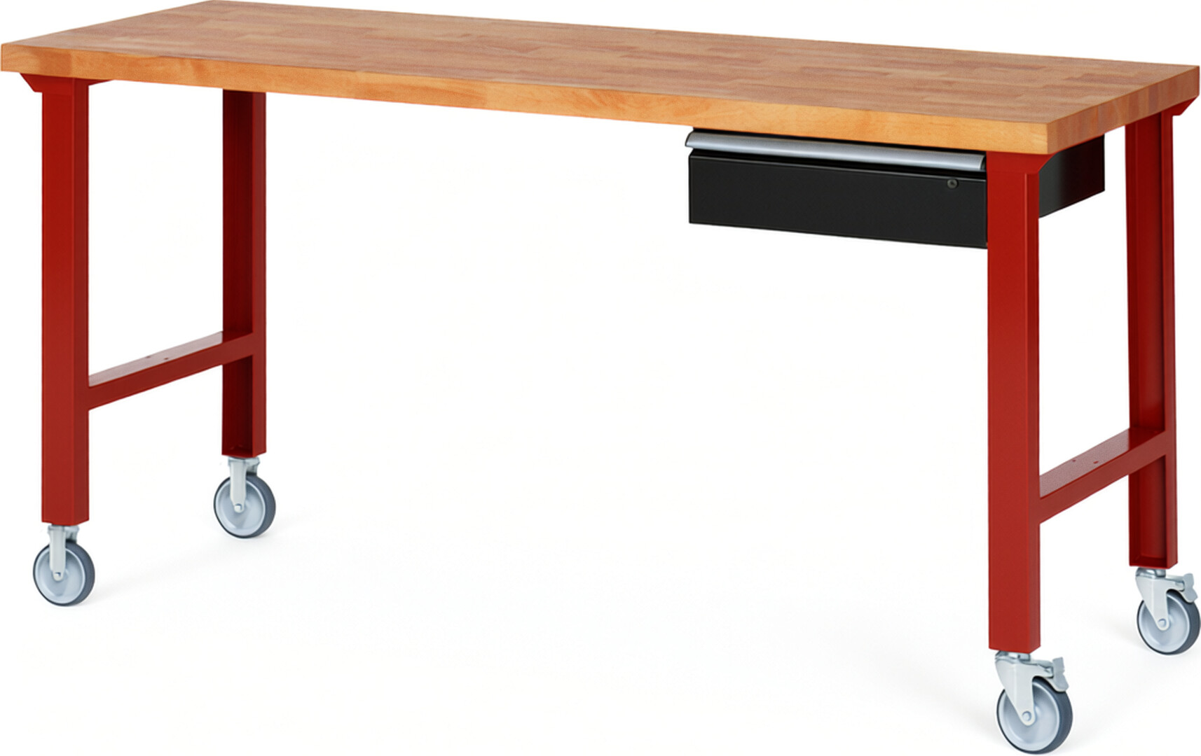 Fahrbare Werkbank Modell 7001 rot - schwarz, BxTxH 2000x700x1000 mm,  Buche-Massiv Arbeitsplatte 40 mm,  1 Schublade mit  Auszug 90 %