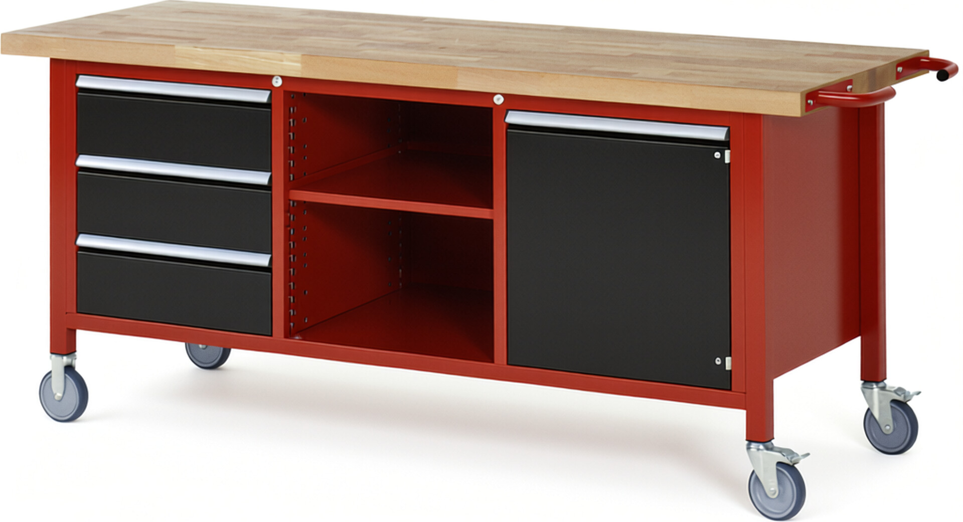 Fahrbare Werkbank Modell 8563 rot - schwarz, BxTxH 2000x700x880 mm,  Buche-Massiv Arbeitsplatte 40 mm,  3 Schubladen mit  Auszug 90 %