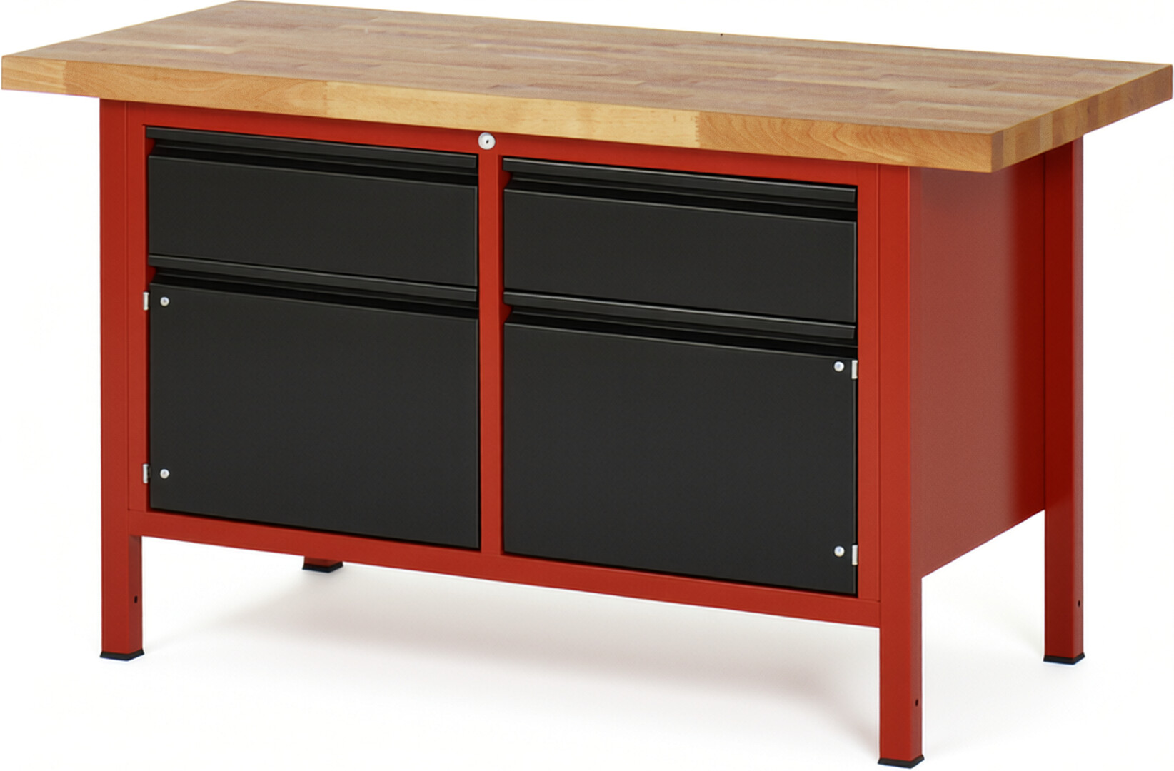 Werkbank rot - schwarz, BxTxH 1500x700x840 mm, Platte Buche 40 mm mit Deckfunier, 2 Schubladen 180 mm, 2 Türen 360 mm, RAL 3000/9011