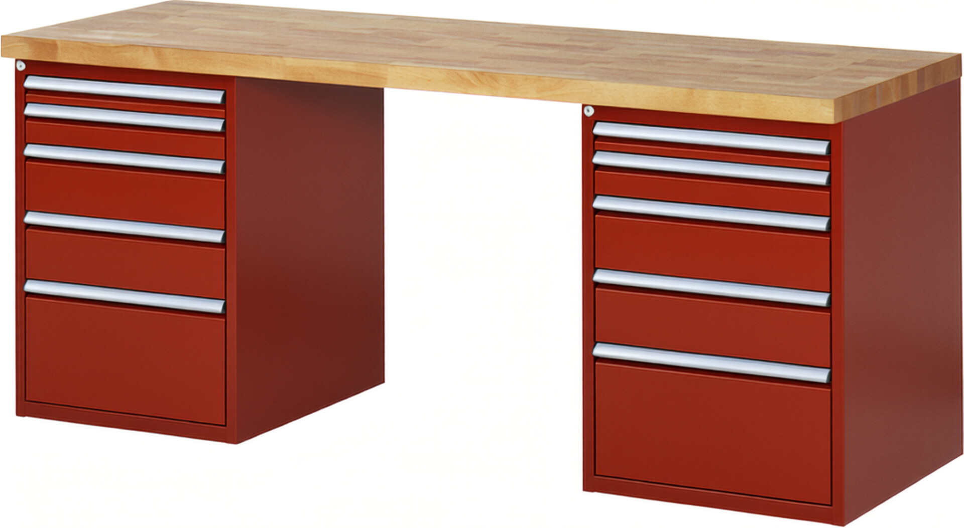 Werkbank Modell 7511 rot, BxTxH 2000x700x890 mm,  Buche-Massiv Arbeitsplatte 40 mm,  10 Schubladen mit  Auszug 90 %