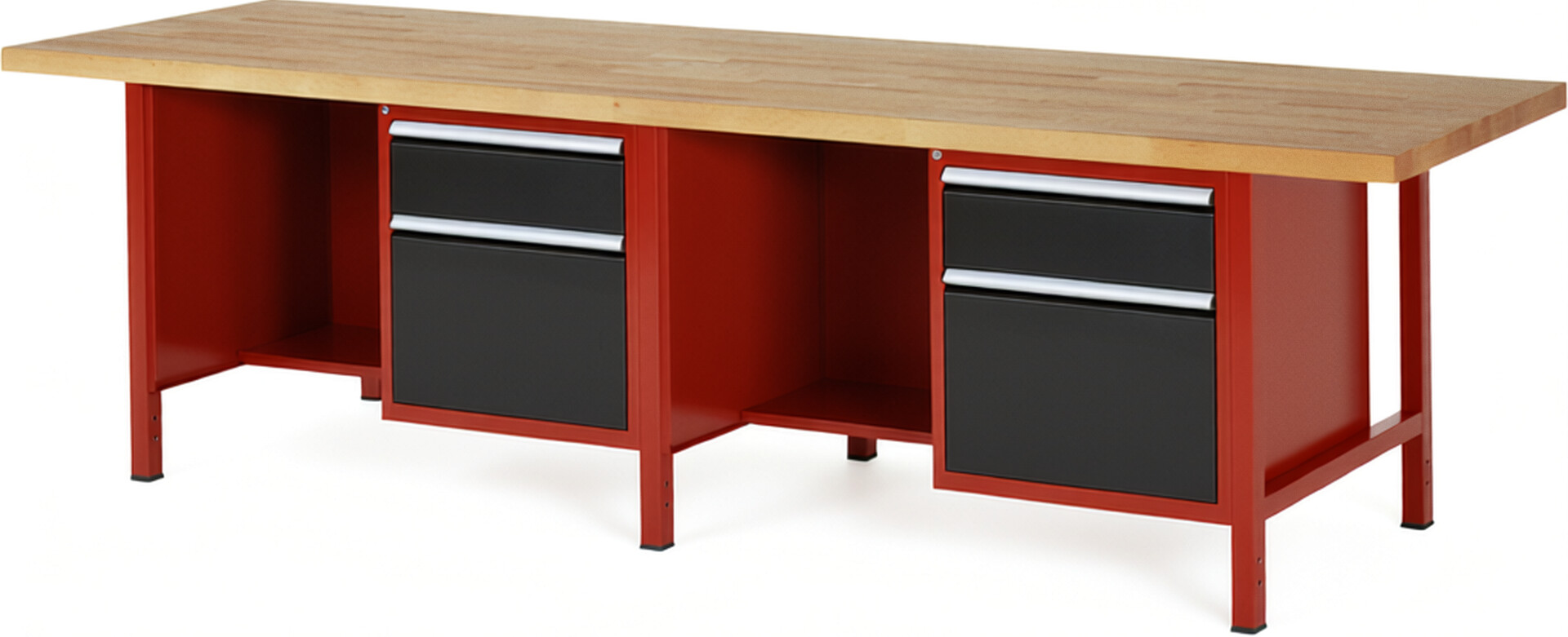 Werkbank Modell 8451 rot - schwarz, BxTxH 3000x900x840 mm,  Buche-Massiv Arbeitsplatte 40 mm,  4 Schubladen mit  Auszug 90 %