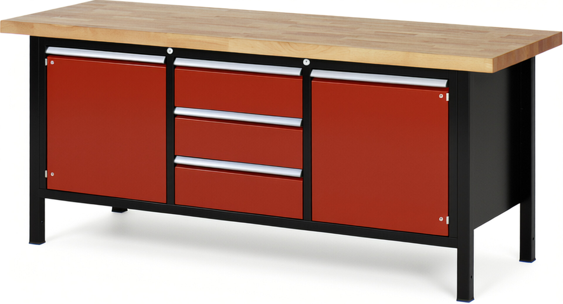 RAU Werkbank schwarz - rot - Breite 200 cm - Tiefe 70 cm - Höhe 104 cm - Buche-Massiv Arbeitsplatte 40 mm