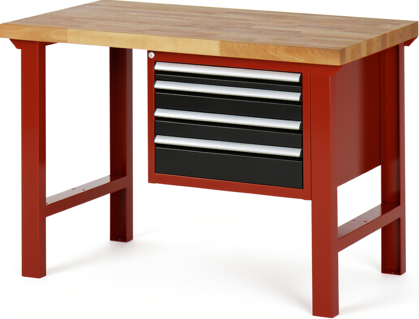 Werkbank Modell 7132 rot - schwarz, BxTxH 1250x700x840 mm,  Buche-Massiv Arbeitsplatte 40 mm,  4 Schubladen mit  Vollauszug 100 % und  SoftClosing