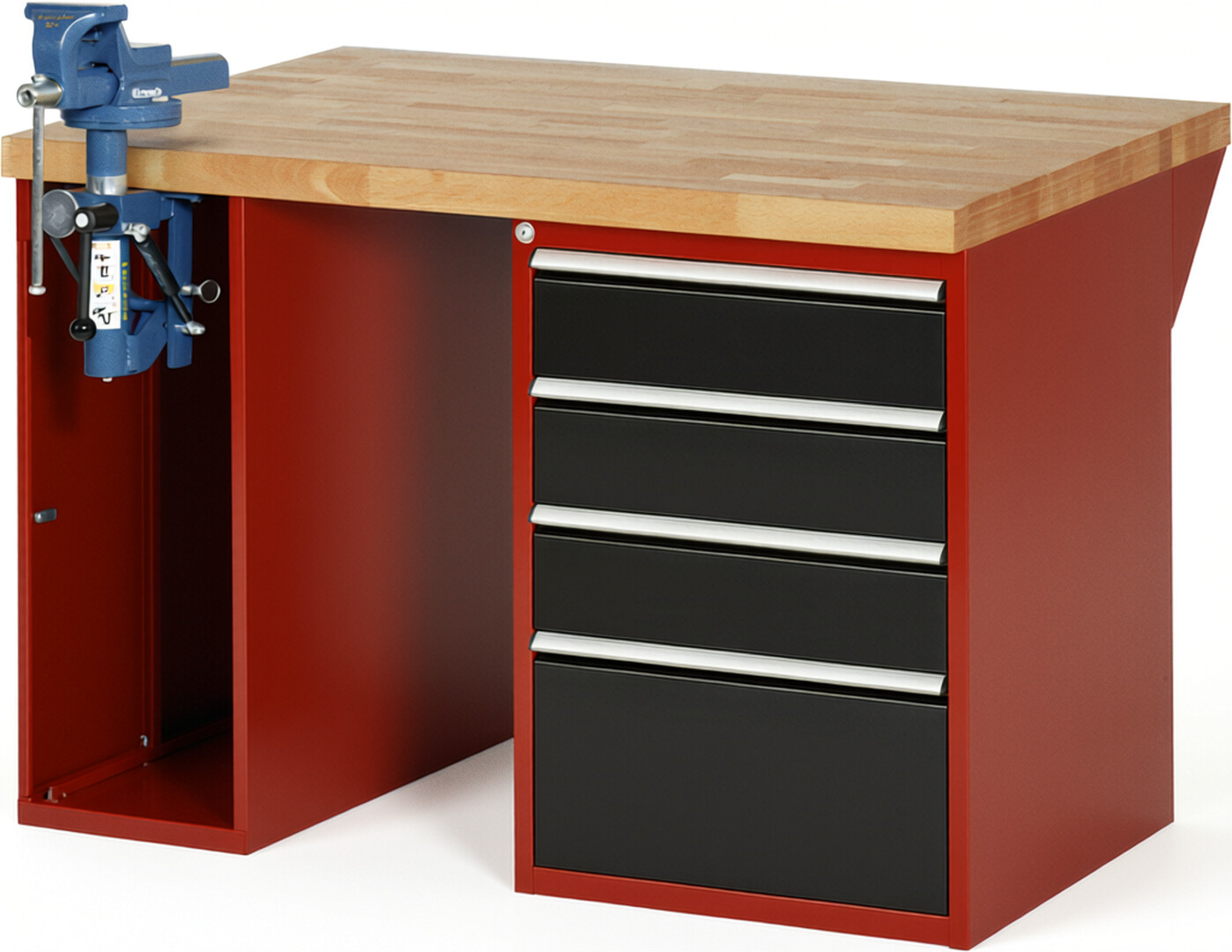 Werkbank Modell 7510 rot - schwarz, BxTxH 1250x900x890 mm,  Buche-Massiv Arbeitsplatte 40 mm,  4 Schubladen mit  Vollauszug 100 % und  SoftClosing
