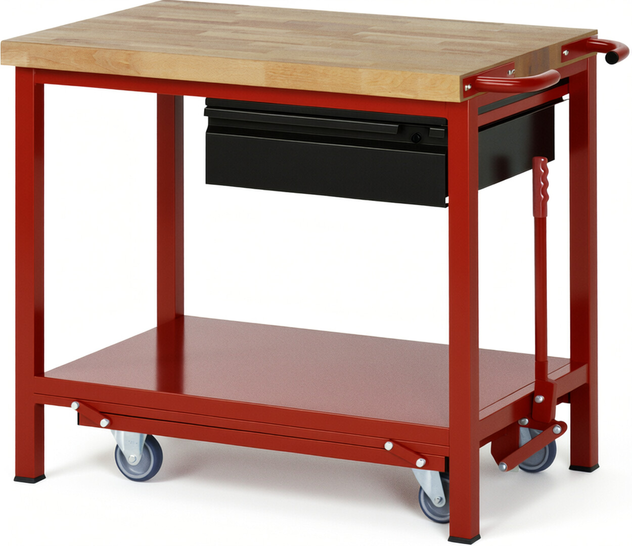 Absenkbare Werkbank - Modell 8001 BASIC rot - schwarz, BxTxH 1000x700x880 mm,  Buche-Massiv Arbeitsplatte 40 mm,  1 Schublade mit  Auszug 90 %