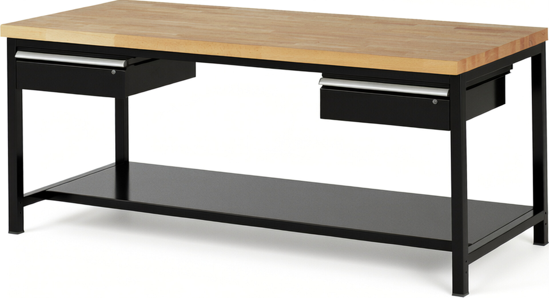 Werkbank Modell 8002 schwarz, BxTxH 2000x900x840-1040 mm,  Buche-Massiv Arbeitsplatte 40 mm,  2 Schubladen mit  Auszug 90 %