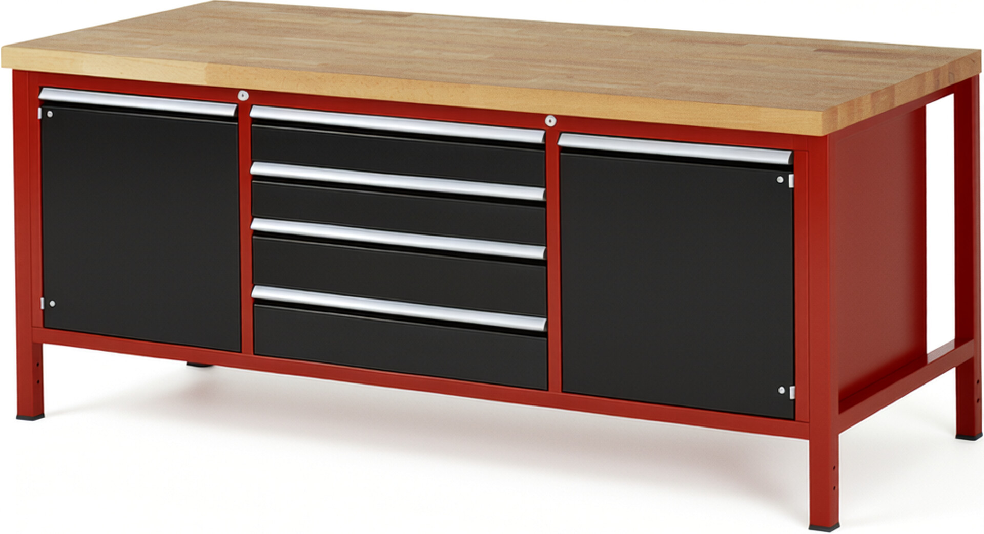 Werkbank Modell 8752 rot - schwarz, BxTxH 2000x900x840-1040 mm,  Buche-Massiv Arbeitsplatte 40 mm,  4 Schubladen mit  Auszug 90 %