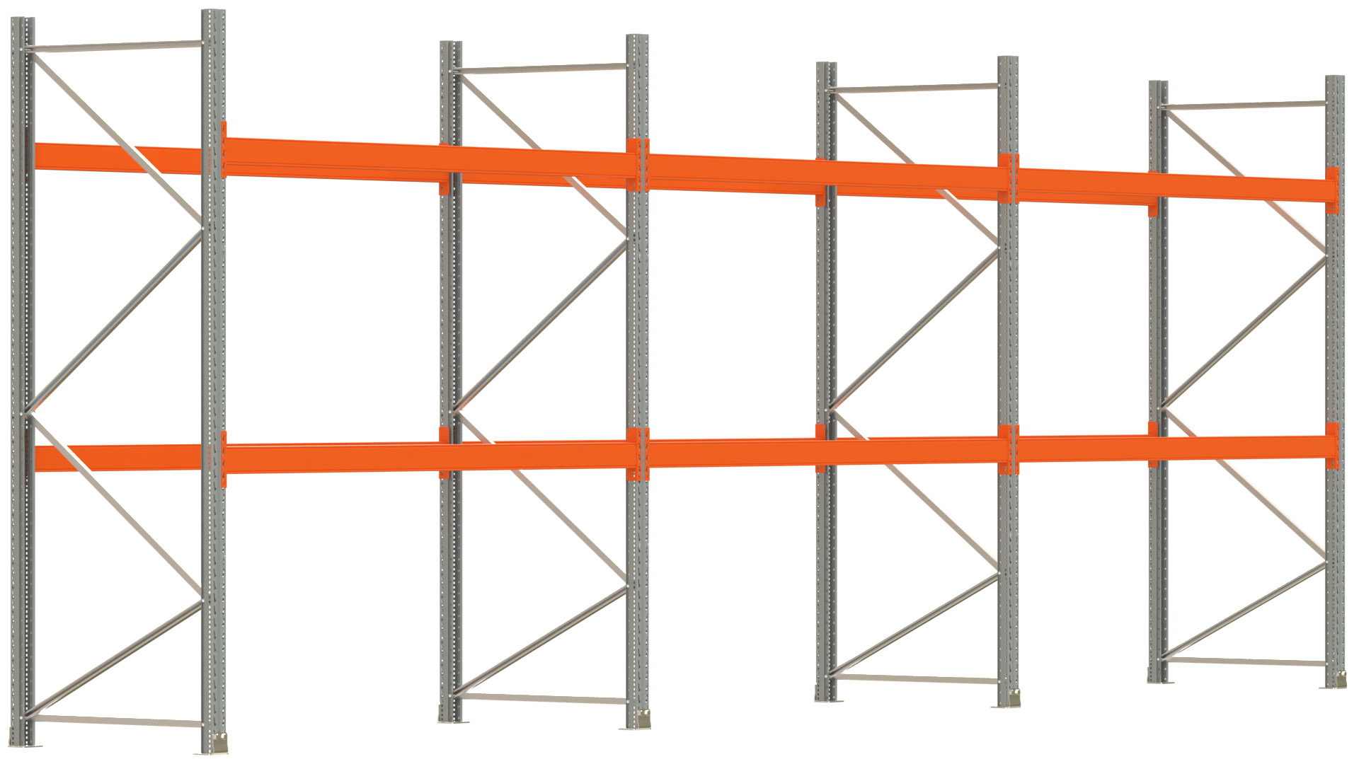 Palettenregal ARTUS - Breite 844 cm - Höhe 300 cm - Tiefe 110 cm - 2 Träger-Ebenen - max. Fachlast 2100 kg - 27 Palettenstellplätze