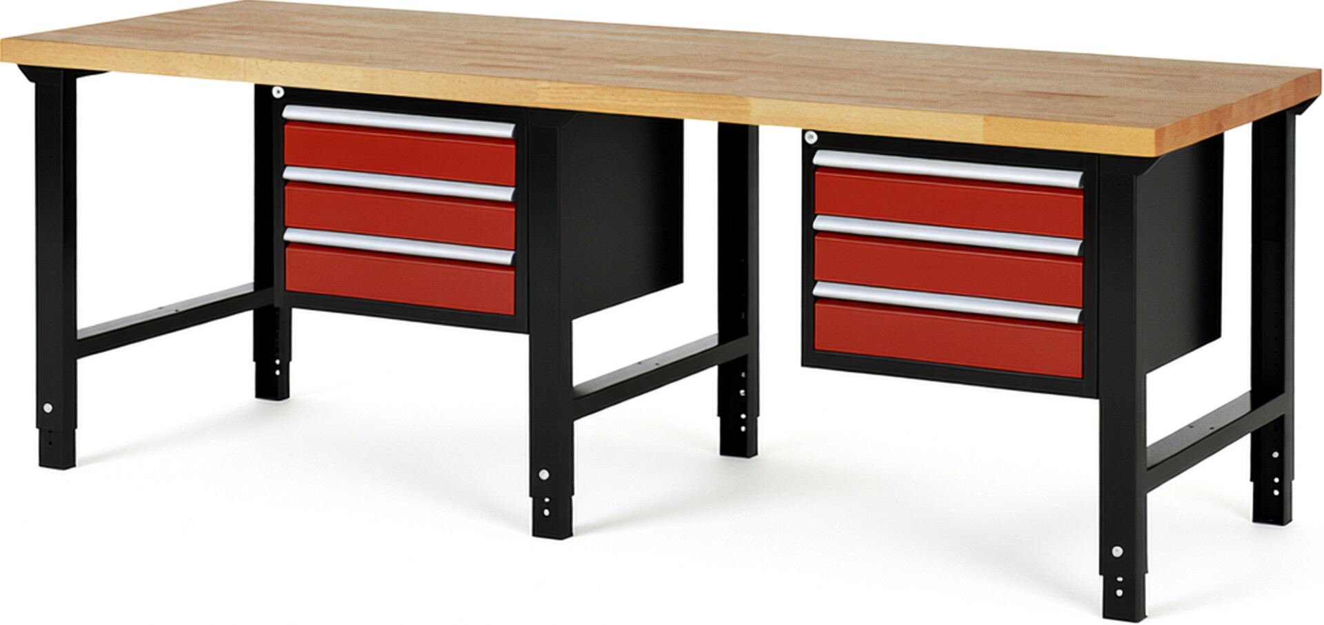 Werkbank Modell 7127 schwarz-rot, BxTxH 2500x900x790-1140 mm,  Buche-Massiv Arbeitsplatte 40 mm,  6 Schubladen mit  Vollauszug 100 % und  SoftClosing