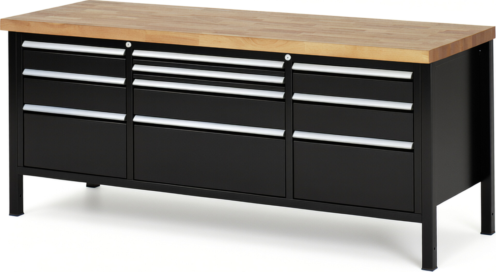 RAU Werkbank schwarz - Breite 200 cm - Tiefe 70 cm - Höhe 104 cm - Buche-Massiv Arbeitsplatte 40 mm