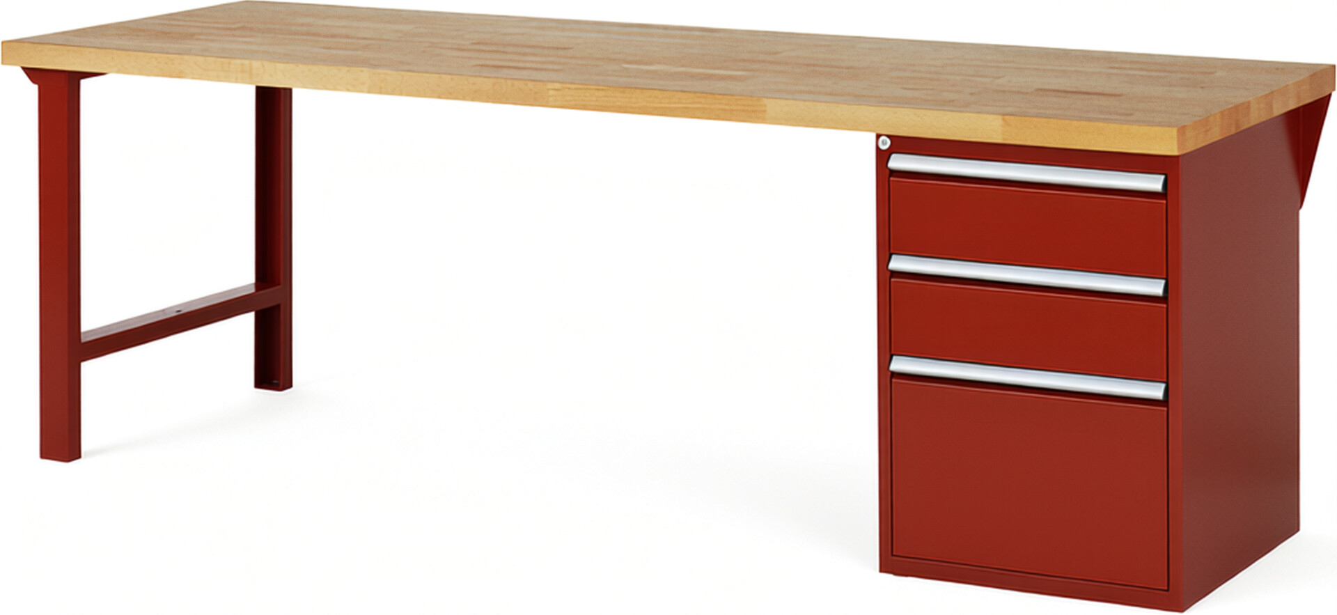 RAU Werkbank rot - Breite 250 cm - Tiefe 90 cm - Höhe 89 cm - Buche-Massiv Arbeitsplatte 40 mm