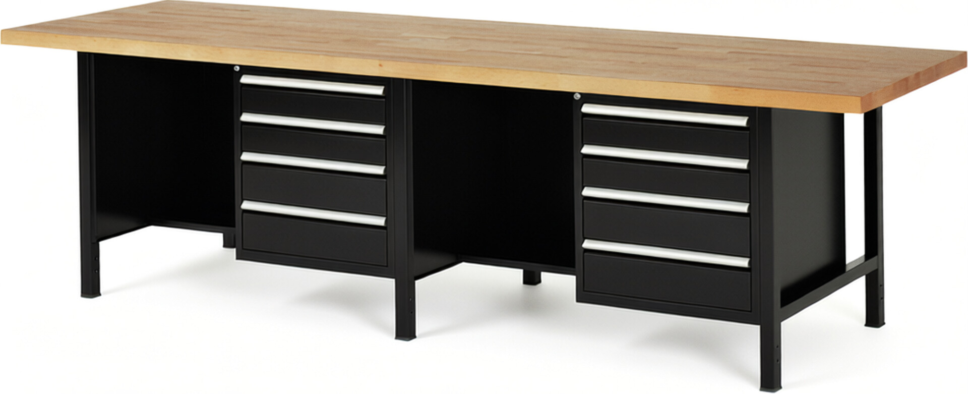 Werkbank Modell 8453 schwarz, BxTxH 3000x900x840 mm,  Buche-Massiv Arbeitsplatte 40 mm,  8 Schubladen mit  Vollauszug 100 % und  SoftClosing