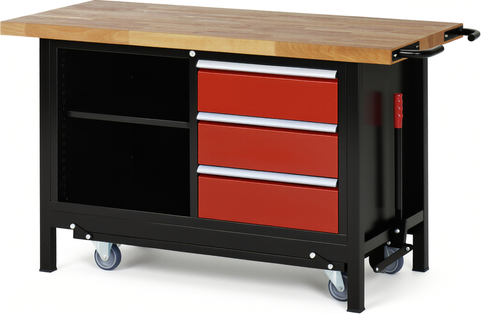 RAU Werkbank schwarz - rot - Breite 150 cm - Tiefe 70 cm - Höhe 88 cm - Buche-Massiv Arbeitsplatte 40 mm