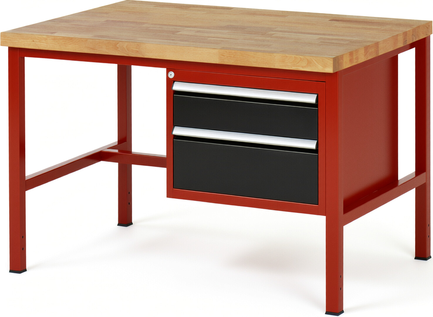 Werkbank Modell 8123 rot - schwarz, BxTxH 1250x900x840 mm,  Buche-Massiv Arbeitsplatte 40 mm,  2 Schubladen mit  Vollauszug 100 % und  SoftClosing