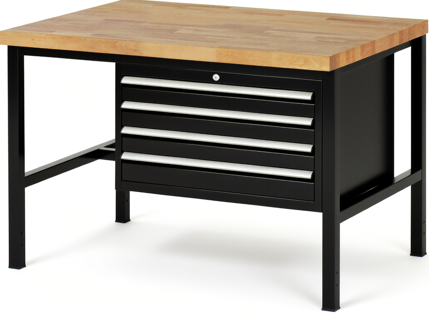 Werkbank Modell 8233 schwarz, BxTxH 1250x900x840 mm,  Buche-Massiv Arbeitsplatte 40 mm,  4 Schubladen mit  Vollauszug 100 % und  SoftClosing