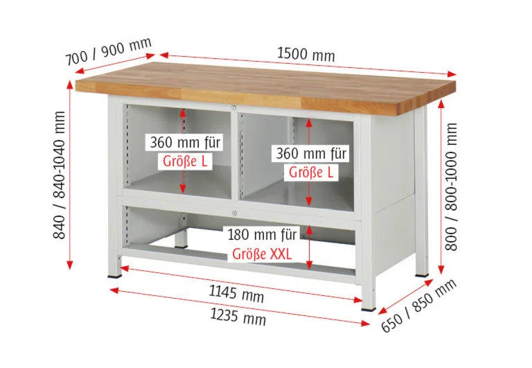 Werkbank Modell 8931,  BxTxH 1500x900x840-1040 mm,  Buche-Massiv Arbeitsplatte 40 mm,  7 Schubladen mit  Vollauszug 100 % und  SoftClosing