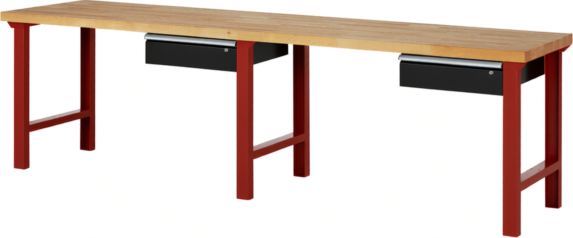 Werkbank Modell 7001 rot - schwarz, BxTxH 3000x700x840 mm,  Buche-Massiv Arbeitsplatte 40 mm,  2 Schubladen mit  Auszug 90 %