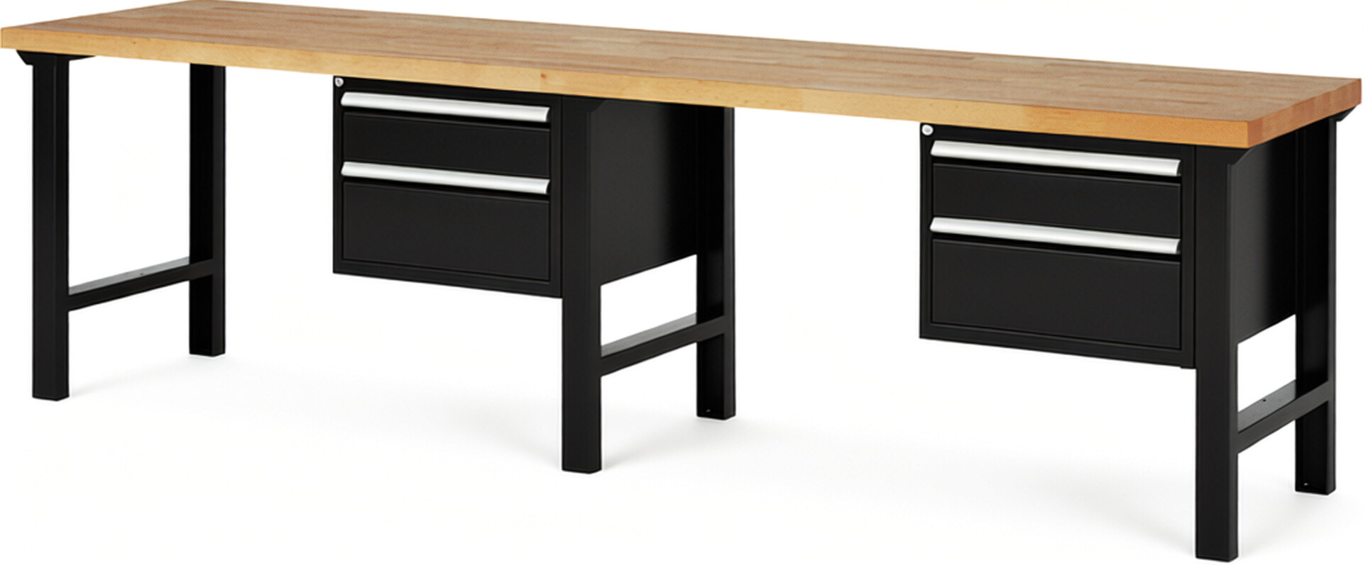 Werkbank Modell 7123 schwarz, BxTxH 3000x700x840 mm,  Buche-Massiv Arbeitsplatte 40 mm,  4 Schubladen mit  Auszug 90 %