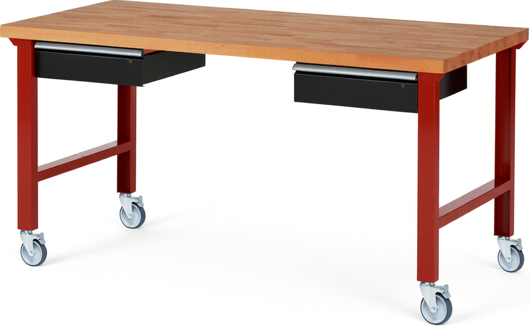 Fahrbare Werkbank Modell 7002 rot - schwarz, BxTxH 2000x900x1000 mm,  Buche-Massiv Arbeitsplatte 40 mm,  2 Schubladen mit  Auszug 90 %