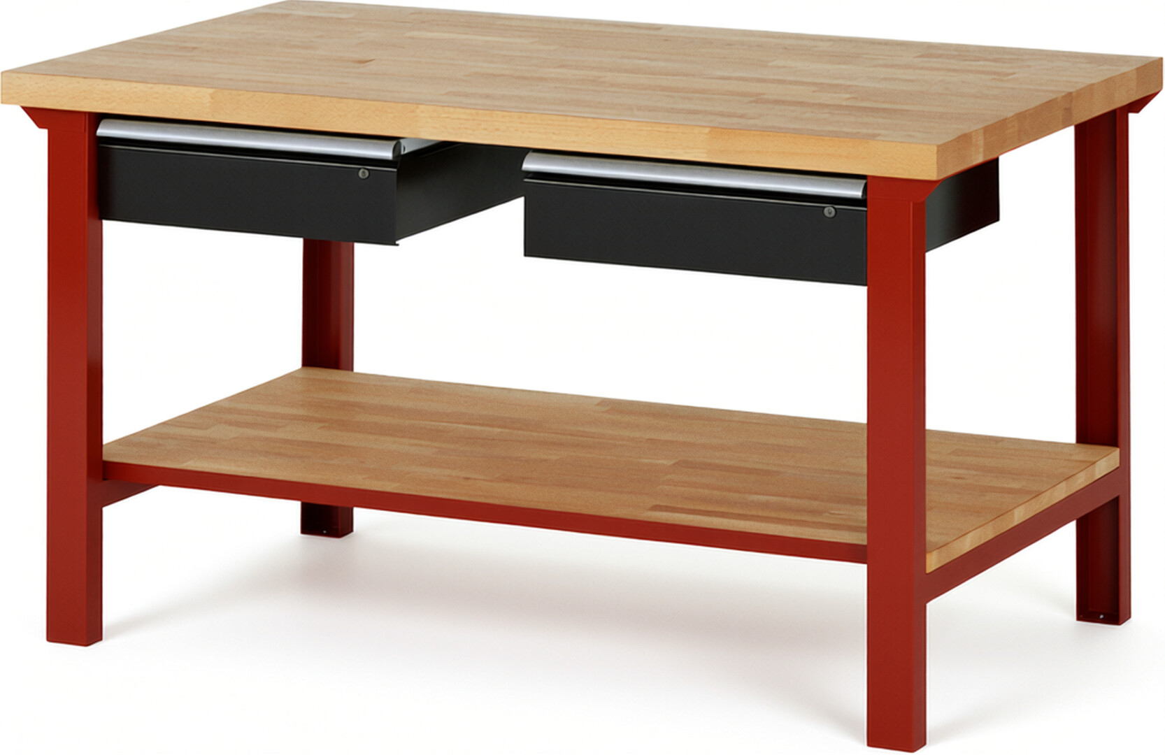 RAU Werkbank rot - schwarz - Breite 150 cm - Tiefe 90 cm - Höhe 84 cm - Buche-Massiv Arbeitsplatte 40 mm