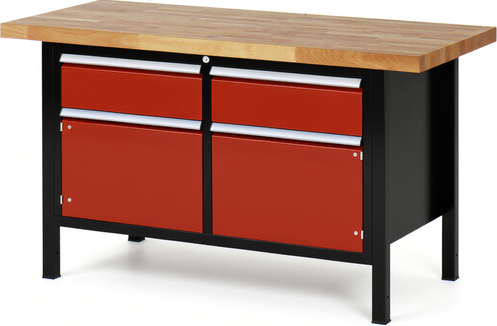 RAU Werkbank schwarz - rot - Breite 150 cm - Tiefe 70 cm - Höhe 104 cm - Buche-Massiv Arbeitsplatte 40 mm