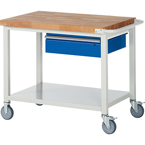 Fahrbare Werkbank, Breite 100 cm, Tiefe 70 cm, Höhe 88 cm, 1 Schublade(n), Platte: Buche-Riegel