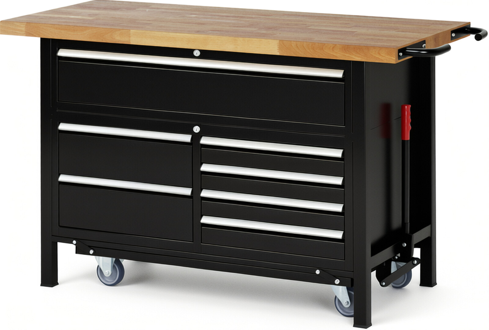 Absenkbare Werkbank Modell 8921 schwarz, BxTxH 1500x700x920 mm,  Buche-Massiv Arbeitsplatte 40 mm,  7 Schubladen mit  Vollauszug 100 % und  SoftClosing