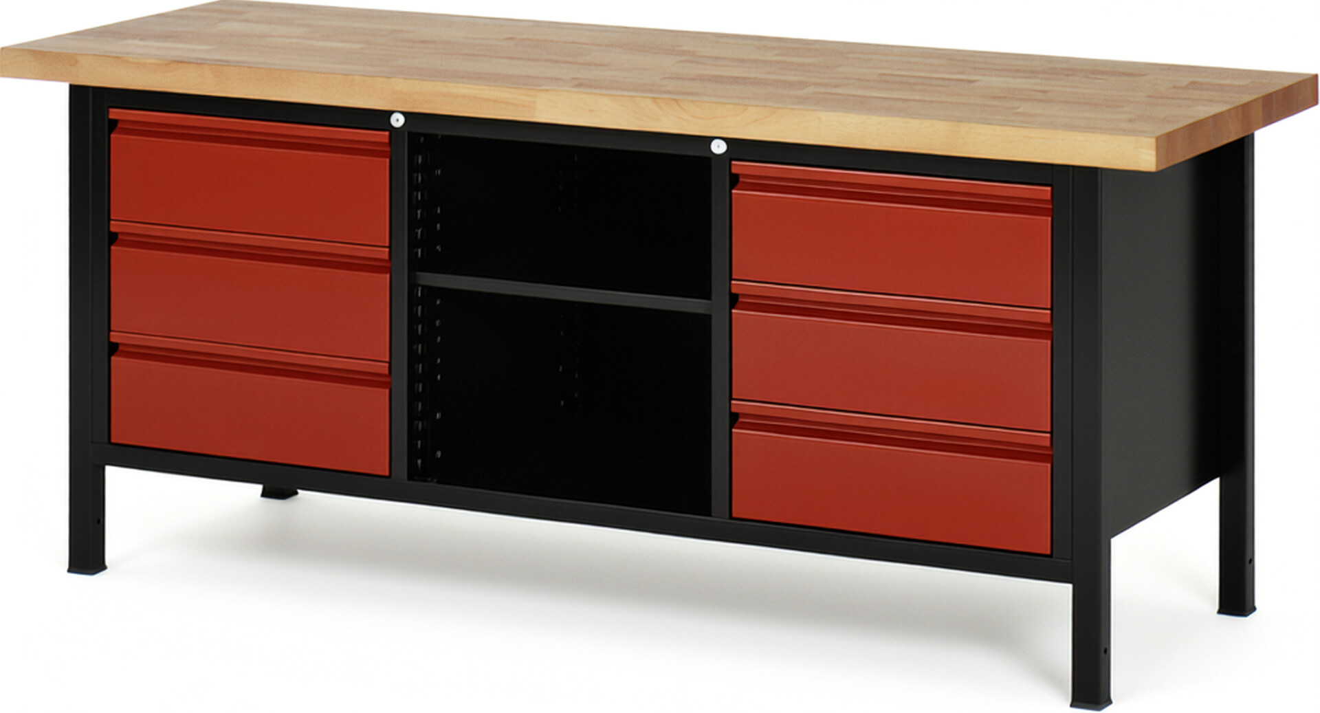 RAU Werkbank schwarz - rot - Breite 200 cm - Tiefe 70 cm - Höhe 104 cm - Buche-Massiv Arbeitsplatte 40 mm