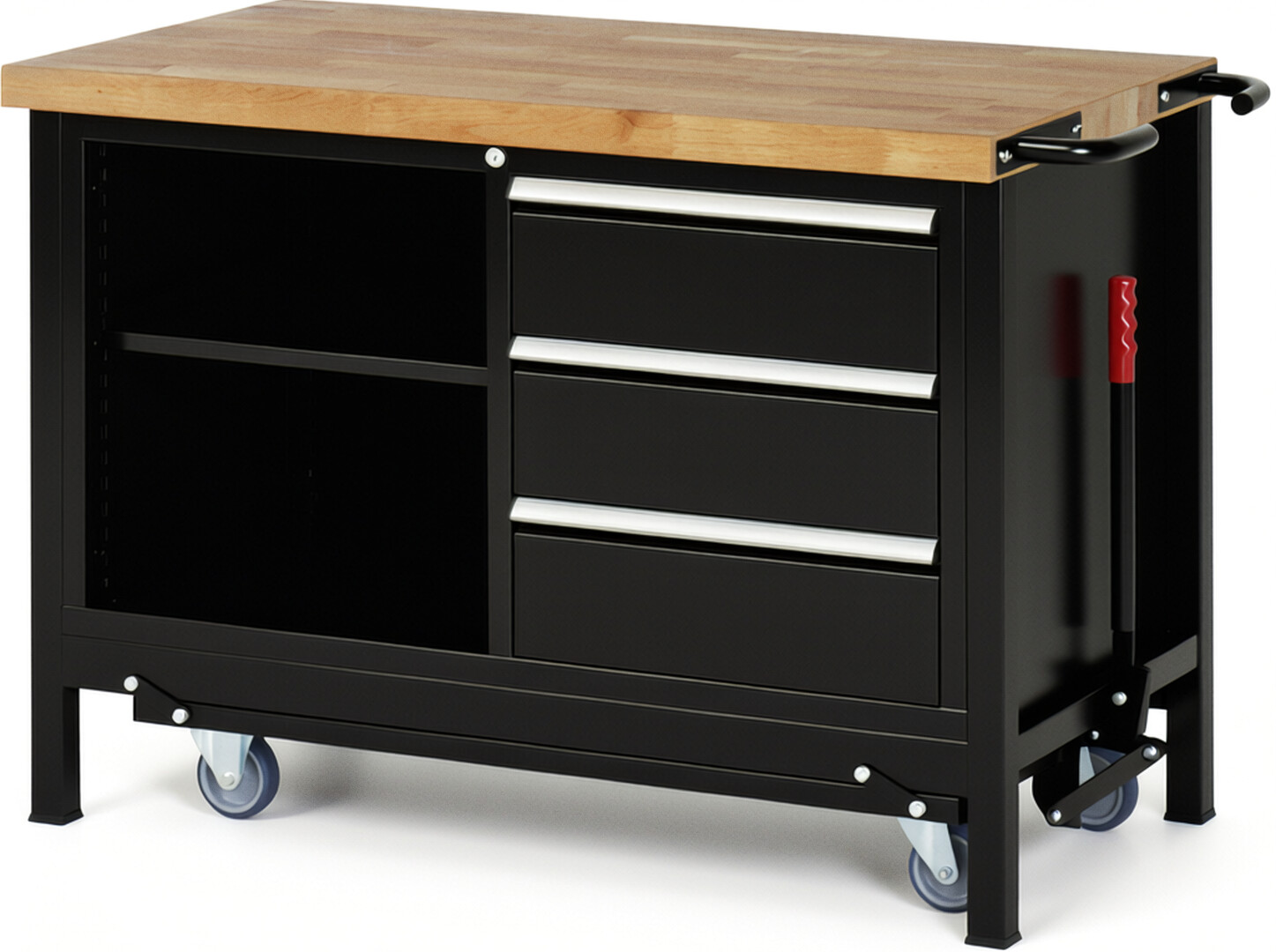 RAU Werkbank schwarz - Breite 125 cm - Tiefe 70 cm - Höhe 88 cm - Buche-Massiv Arbeitsplatte 40 mm