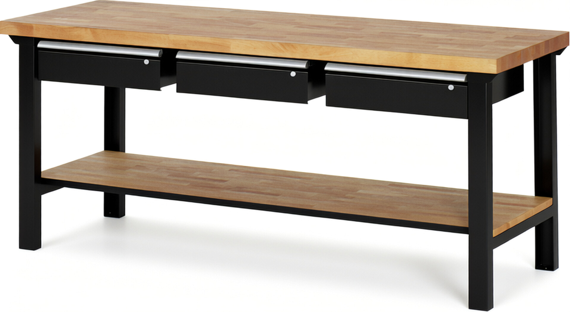 RAU Werkbank schwarz - Breite 200 cm - Tiefe 70 cm - Höhe 84 cm - Buche-Massiv Arbeitsplatte 40 mm