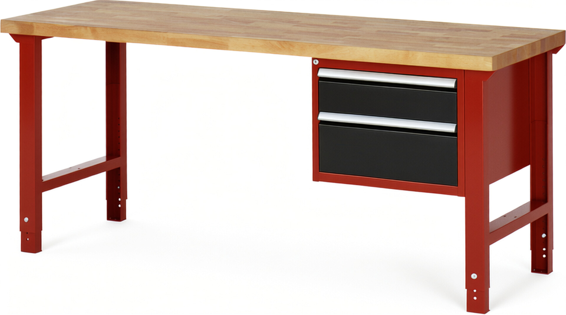 Werkbank Modell 7123 rot - schwarz, BxTxH 2000x700x790-1140 mm,  Buche-Massiv Arbeitsplatte 40 mm,  2 Schubladen mit  Vollauszug 100 % und  SoftClosing