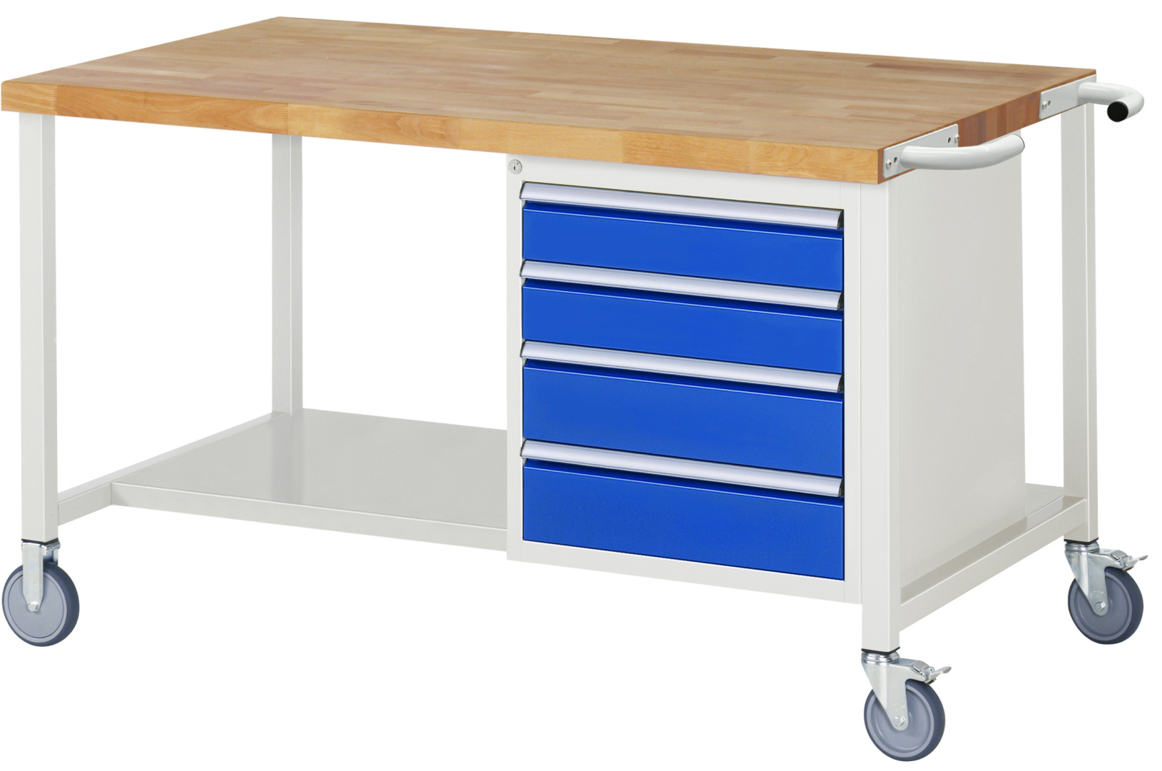 Fahrbare Werkbank Modell 8162,  BxTxH 1500x900x880 mm,  Buche-Massiv Arbeitsplatte 40 mm,  4 Schubladen mit  Auszug 90 %