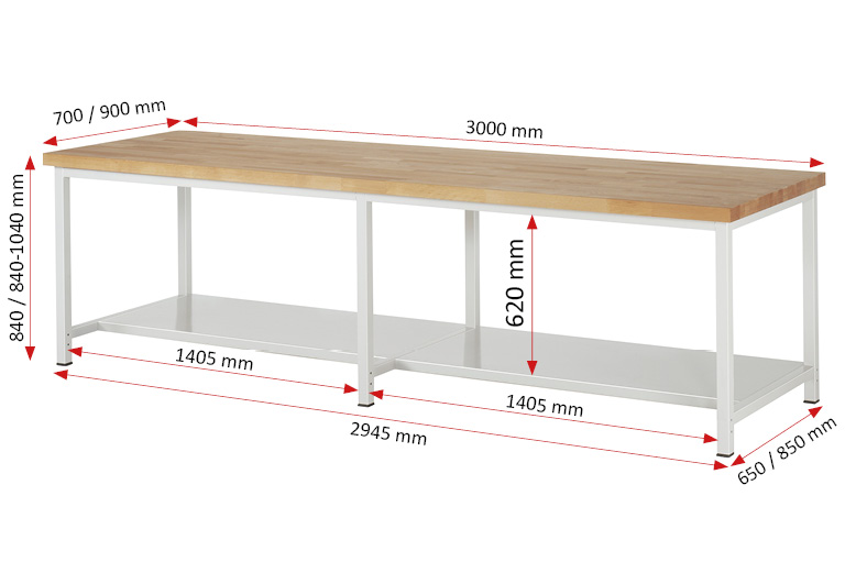 Werkbank Modell 8000 rot, BxTxH 3000x900x840 mm,  Buche-Massiv Arbeitsplatte 40 mm