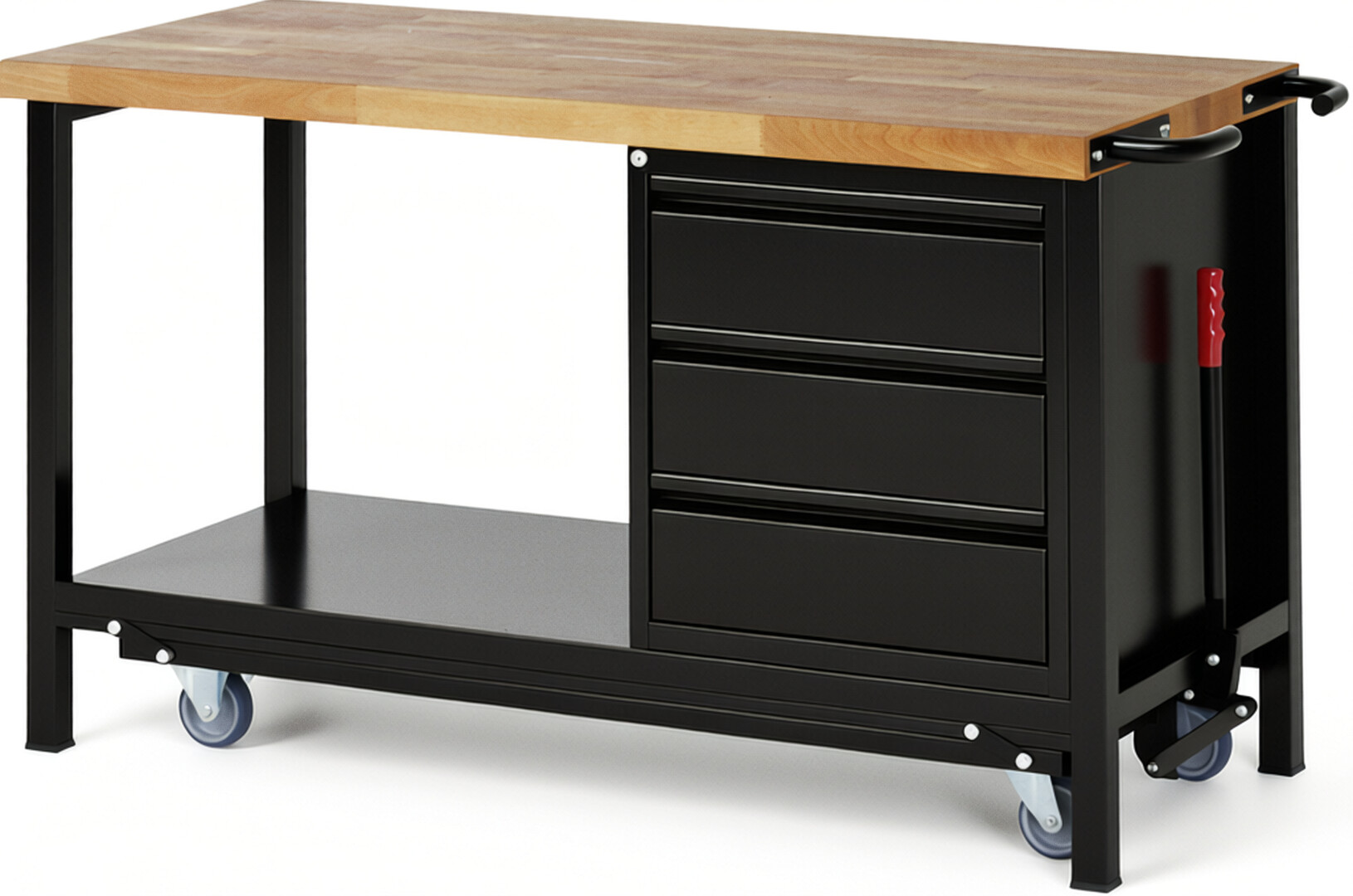 Absenkbare Werkbank - Modell 8157 BASIC schwarz, BxTxH 1500x700x880 mm,  Buche-Massiv Arbeitsplatte 40 mm,  3 Schubladen mit  Auszug 90 %