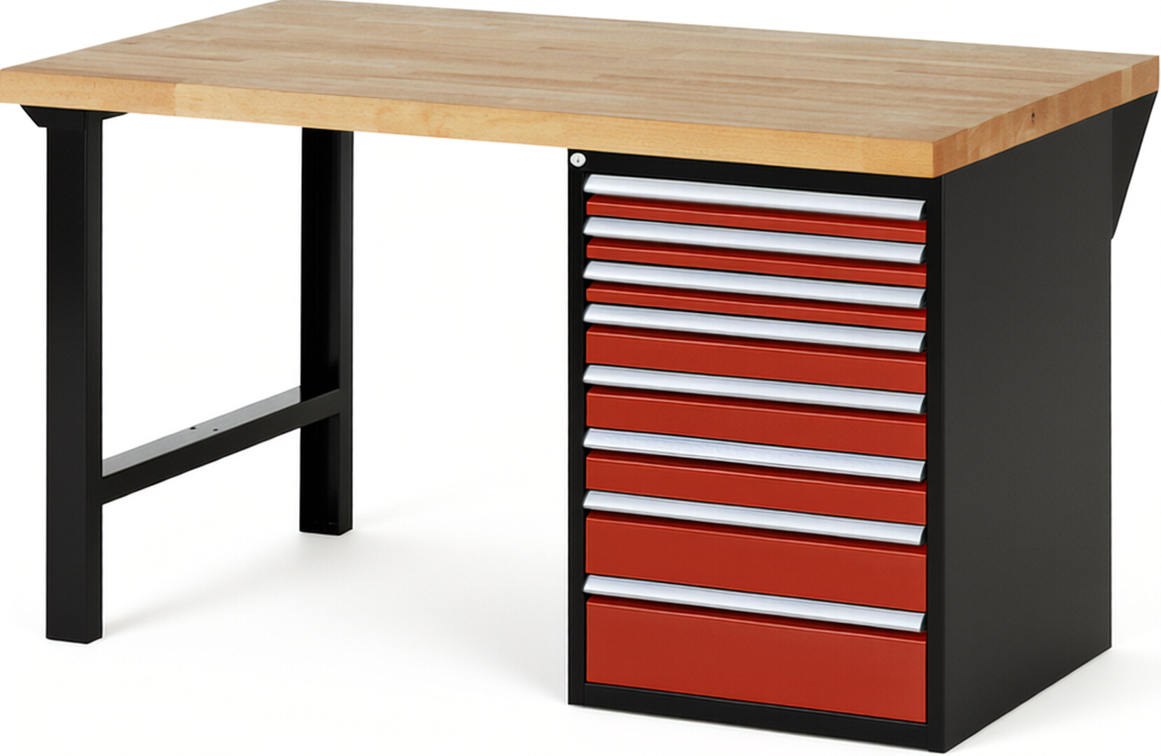 RAU Werkbank schwarz - rot - Breite 150 cm - Tiefe 90 cm - Höhe 84 cm - Buche-Massiv Arbeitsplatte 40 mm