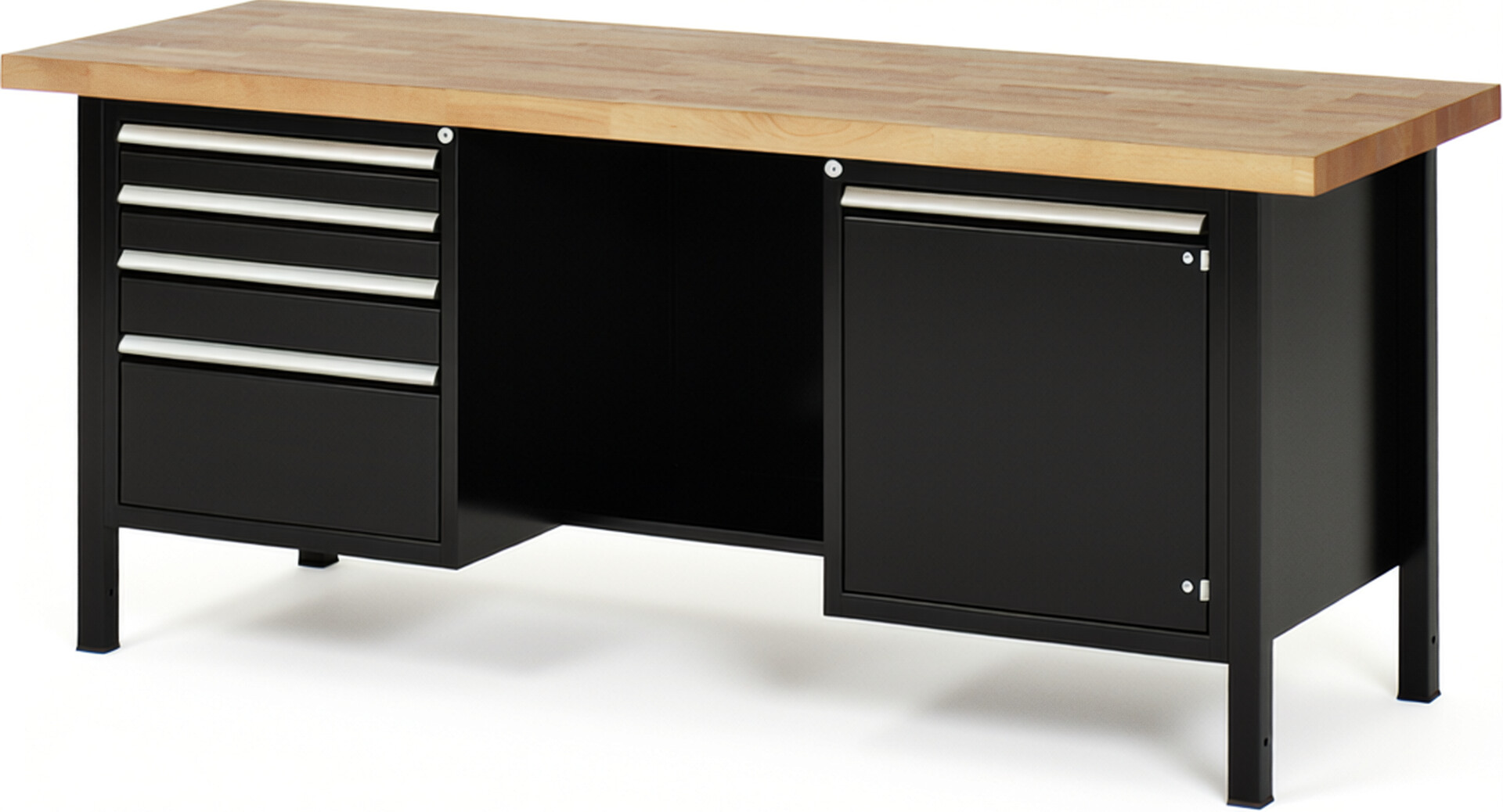 Werkbank Modell 8553 schwarz, BxTxH 2000x700x840-1040 mm,  Buche-Massiv Arbeitsplatte 40 mm,  4 Schubladen mit  Auszug 90 %