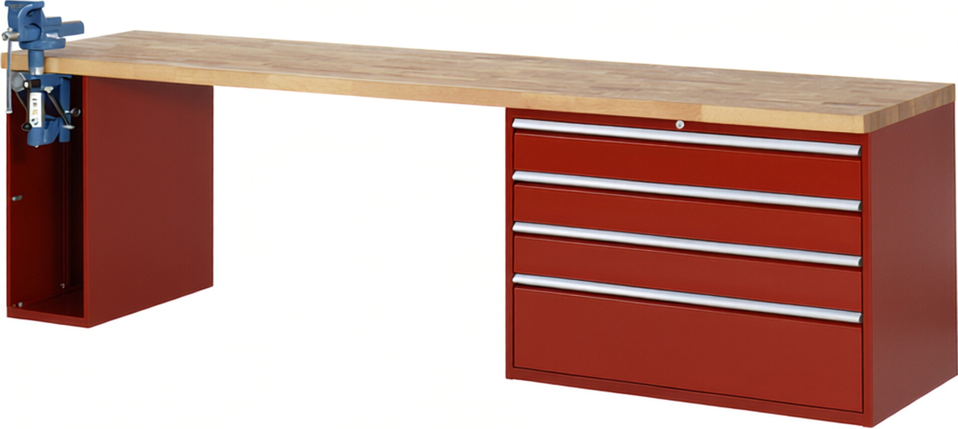 RAU Werkbank rot - Breite 300 cm - Tiefe 70 cm - Höhe 84 cm - Buche-Massiv Arbeitsplatte 40 mm