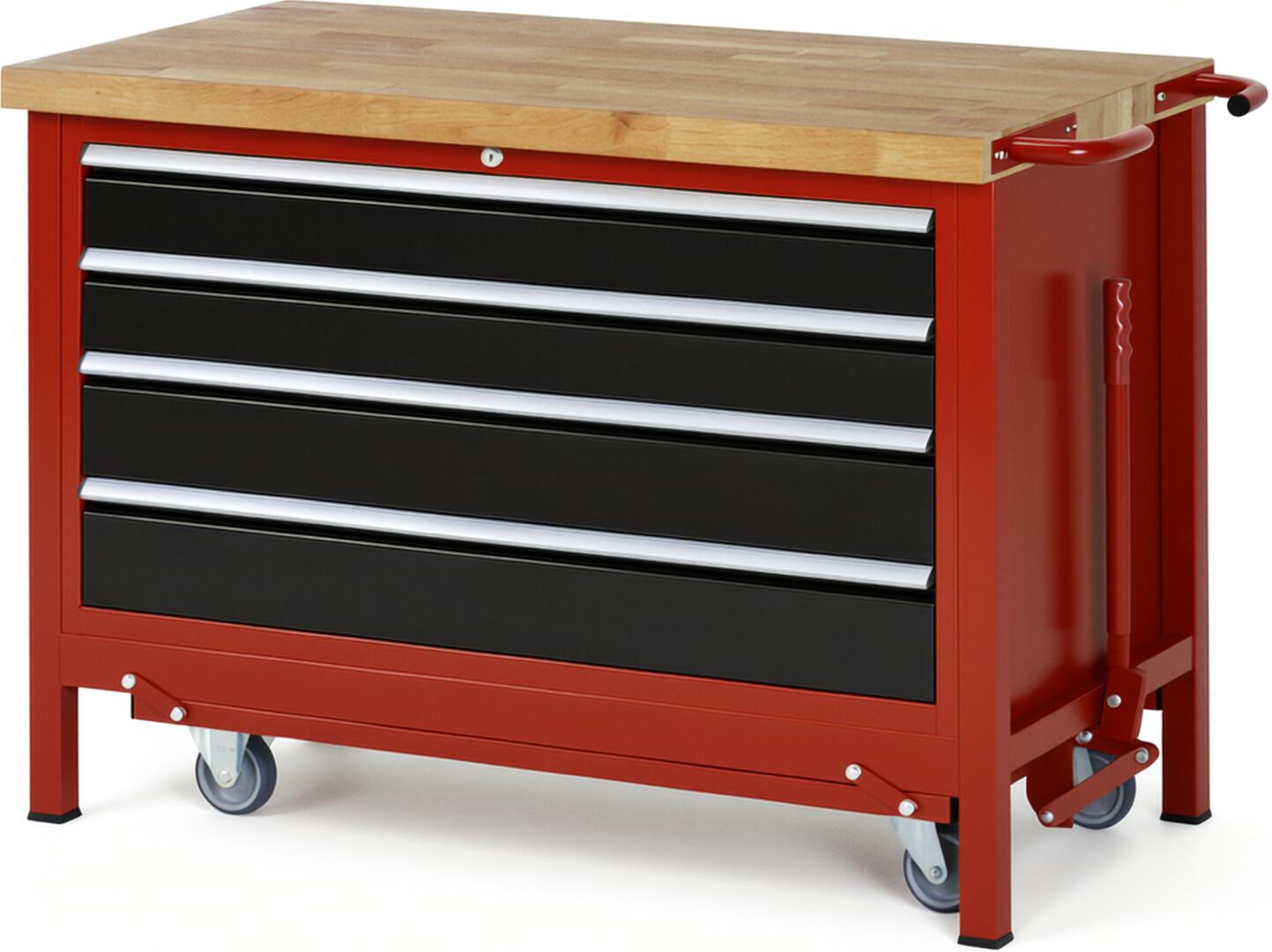 Absenkbare Werkbank Modell 8362 rot - schwarz, BxTxH 1250x700x880 mm,  Buche-Massiv Arbeitsplatte 40 mm,  4 Schubladen mit  Auszug 90 %