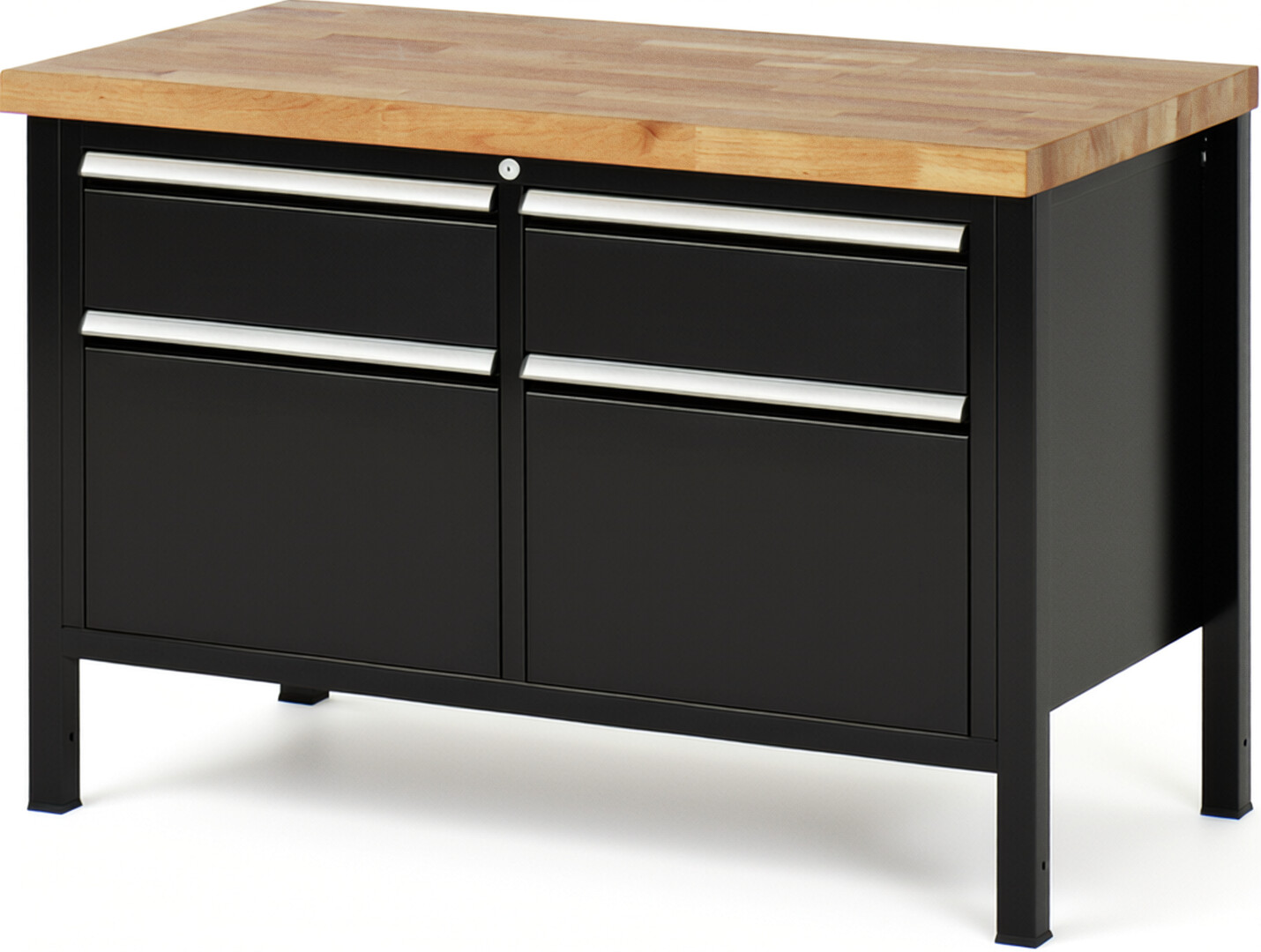 Werkbank Modell 8471 schwarz, BxTxH 1250x700x840 mm,  Buche-Massiv Arbeitsplatte 40 mm,  4 Schubladen mit  Vollauszug 100 % und  SoftClosing