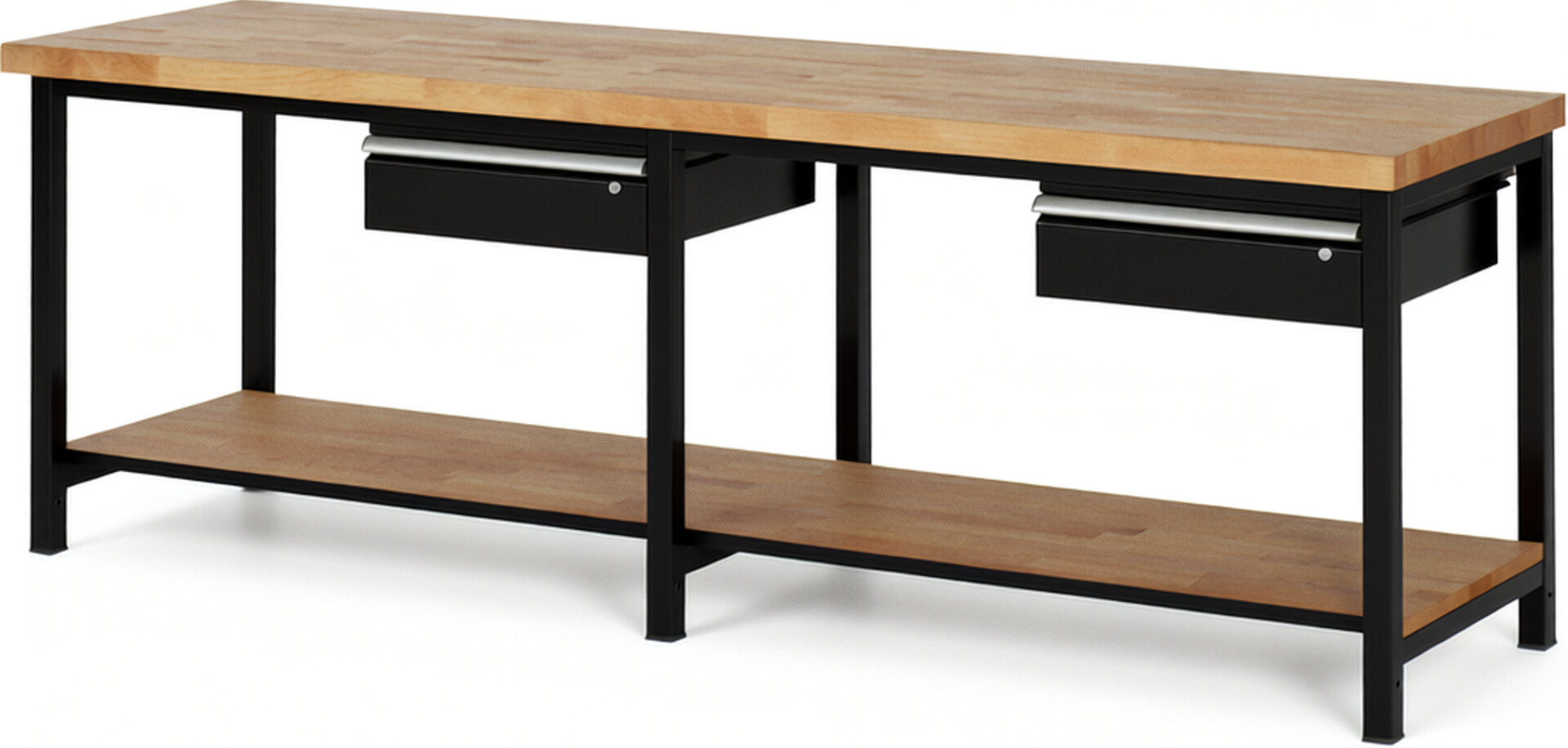 Werkbank Modell 8001 schwarz, BxTxH 2500x700x840 mm,  Buche-Massiv Arbeitsplatte 40 mm,  2 Schubladen mit  Auszug 90 %