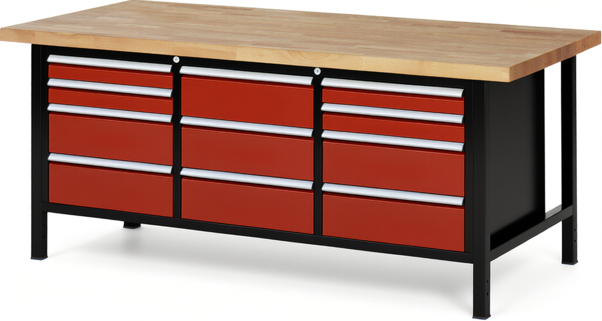 RAU Werkbank schwarz - rot - Breite 200 cm - Tiefe 90 cm - Höhe 84 cm - Buche-Massiv Arbeitsplatte 40 mm