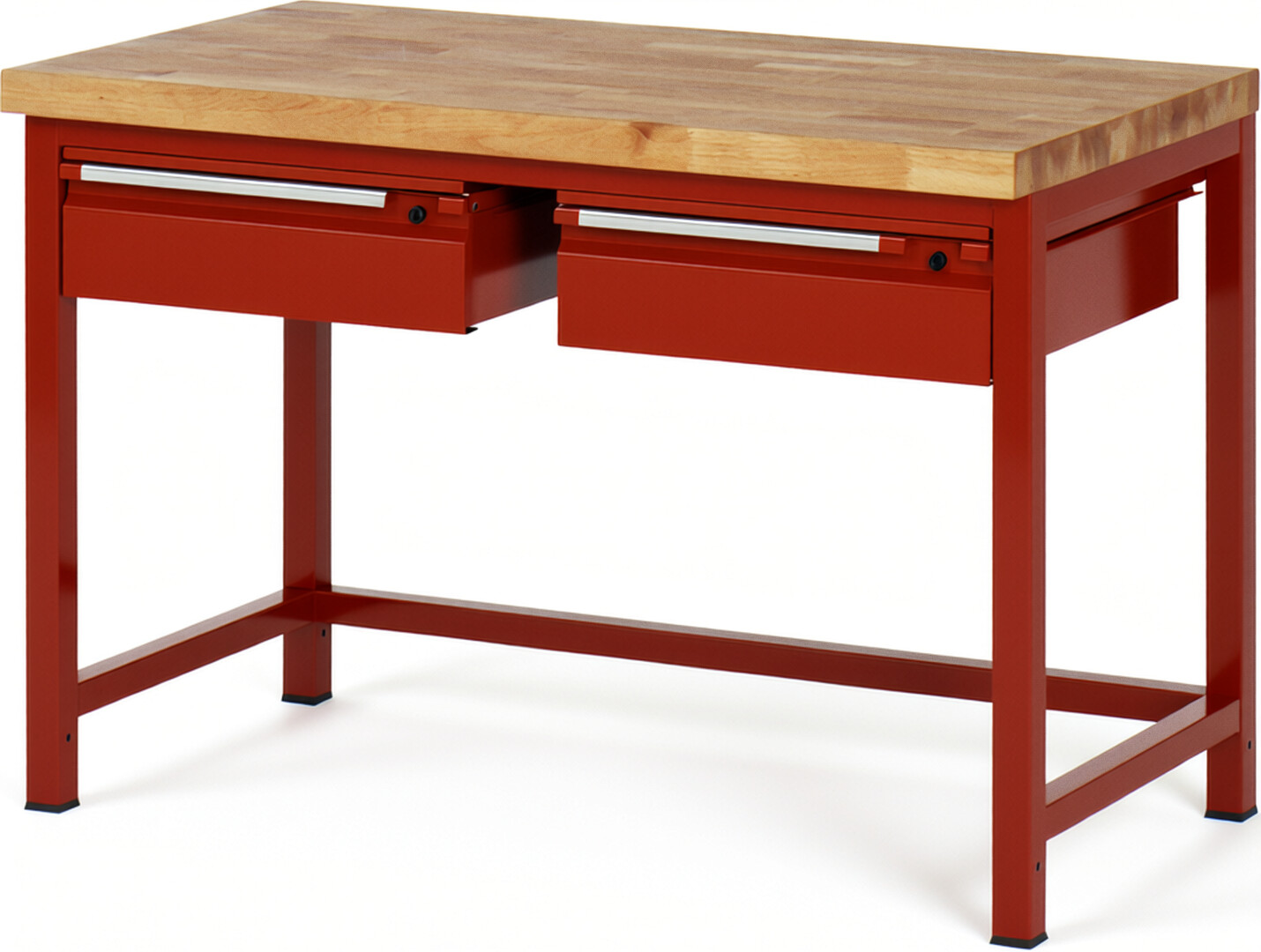 Werkbank - Modell 8002 BASIC rot, BxTxH 1250x700x840 mm,  Buche-Massiv Arbeitsplatte 40 mm,  2 Schubladen mit  Auszug 90 %