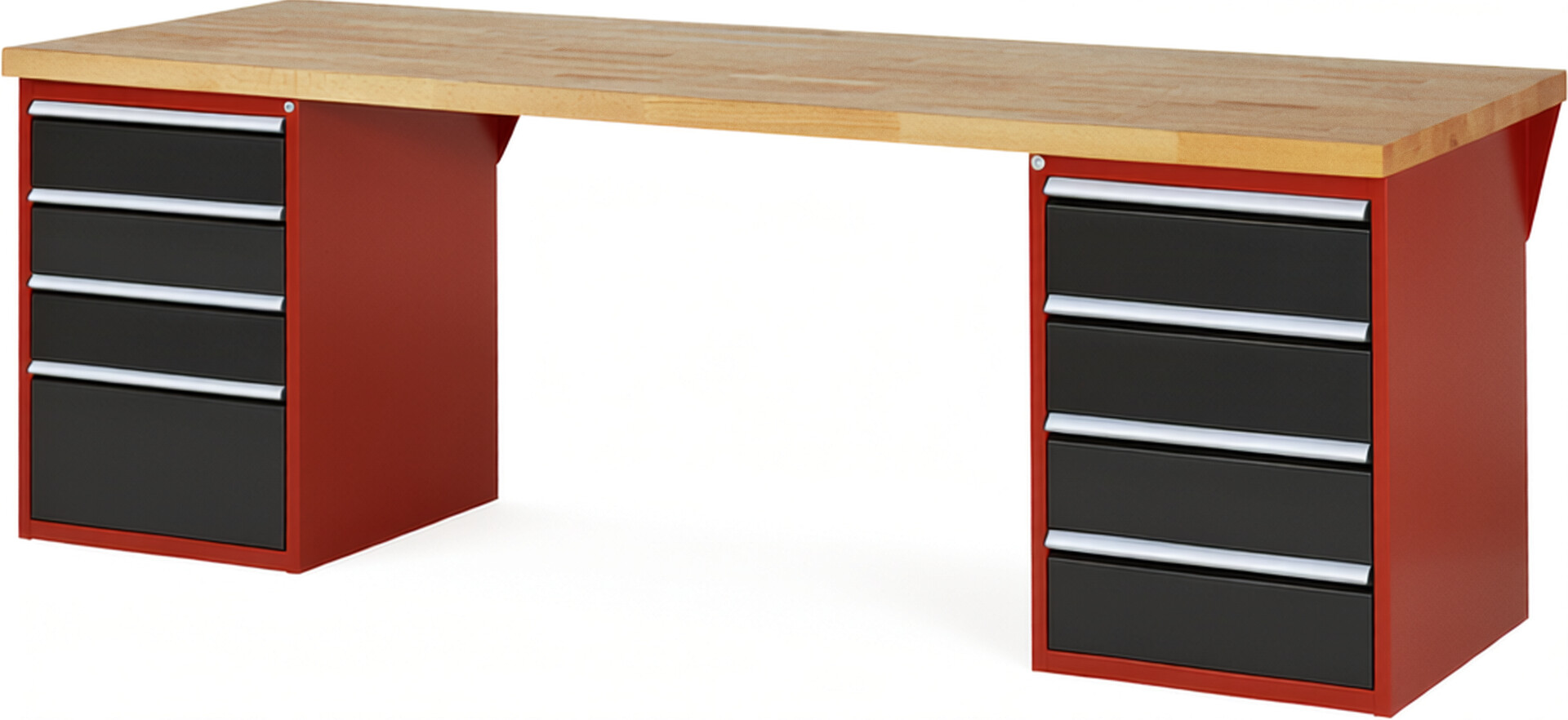 Werkbank Modell 7820 rot - schwarz, BxTxH 2500x900x890 mm,  Buche-Massiv Arbeitsplatte 40 mm,  8 Schubladen mit  Vollauszug 100 % und  SoftClosing
