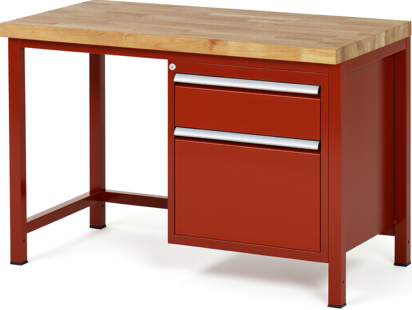 Werkbank Modell 8156 rot, BxTxH 1250x700x840 mm,  Buche-Massiv Arbeitsplatte 40 mm,  2 Schubladen mit  Auszug 90 %