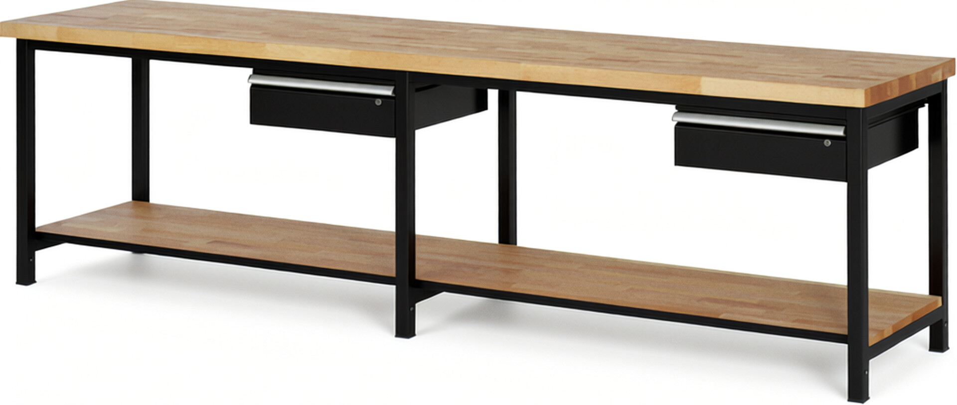 Werkbank Modell 8001 schwarz, BxTxH 3000x700x840 mm,  Buche-Massiv Arbeitsplatte 40 mm,  2 Schubladen mit  Auszug 90 %